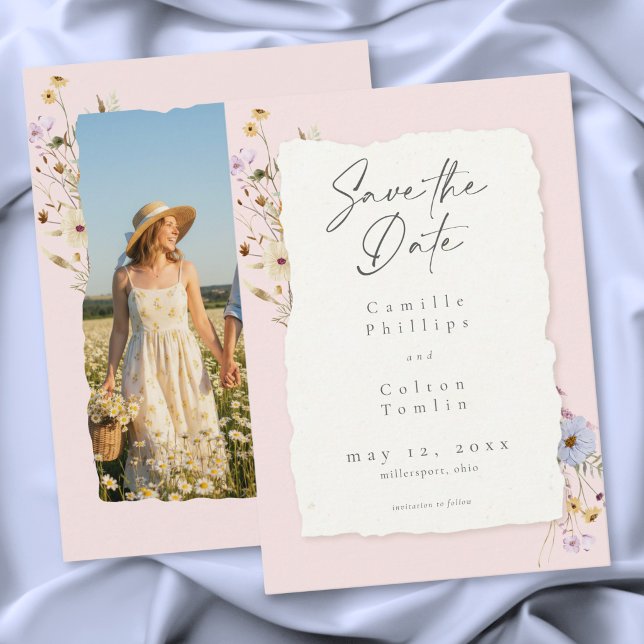 Rustic Pink Romantic Wildflower Wedding Photo Save The Date (Rustic Pink Romantic Wildflower Wedding Photo Save The Date)