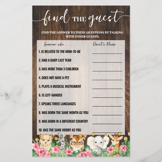 Rustic Pink Safari Find the Guest Shower Game Card Flyer (Vorne)