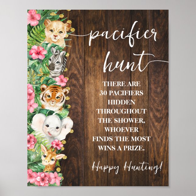 Rustic Pink Safari Pacifier Hunt Baby Shower Game Poster (Vorne)