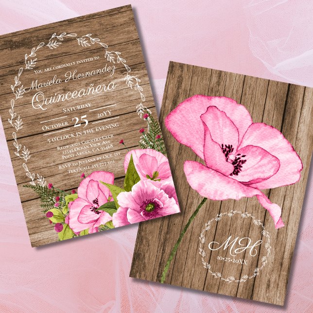 Rustic Pink Watercolor Poppies Quinceañera Einladung (Von Creator hochgeladen)
