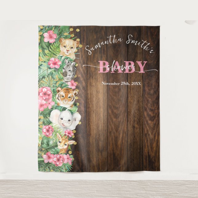 Rustic Pink Wild Safari Animal Welcome Baby Shower Wandteppich (Vorderseite)