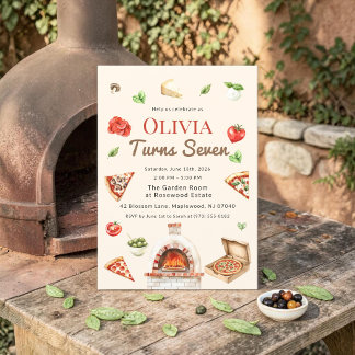 Rustic Pizza Oven 7th Birthday Party Invitation Einladung