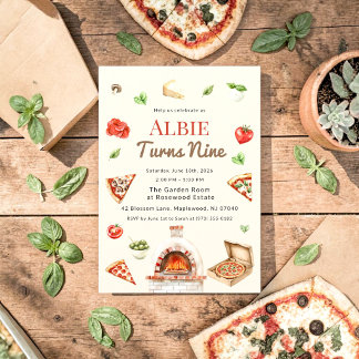 Rustic Pizza Party 9th Birthday Invitation Einladung