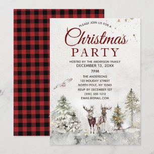 Rustic Plaid Forest Deer Owl Christmas Party Einladung