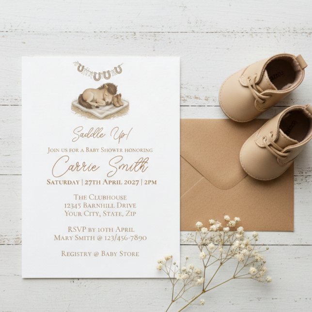 Rustic Plaid Horseshoe Pony Baby Shower Einladung (Sweet western plaid baby shower invitation)