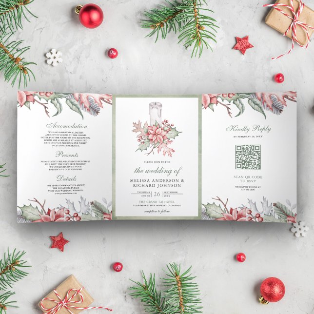 Rustic Poinsettia Weihnachtskerze QR Code Hochzeit Dreifach Gefaltete Einladung (Von Creator hochgeladen)