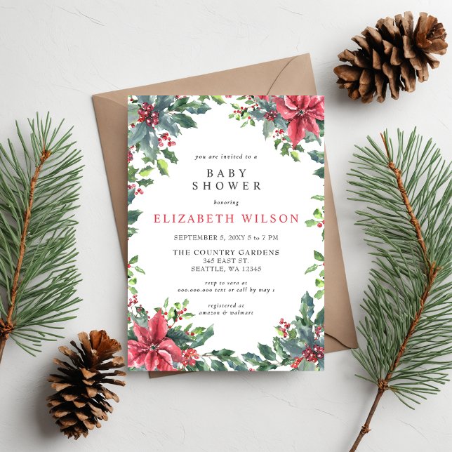 Rustic Poinsettias Holly Christmas Baby Dusche Einladung (Rustic Poinsettias Holly Christmas Baby Shower Invitation)