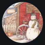 Rustic Potting Shed Christmas Snowman Runder Aufkleber<br><div class="desc">Rustic Potting Shed Christmas Snowman</div>