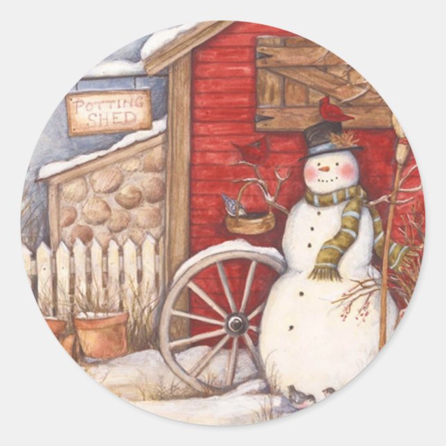 Rustic Potting Shed Christmas Snowman Runder Aufkleber (Vorderseite)