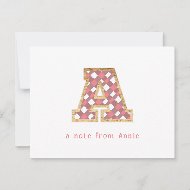 Rustic & Preppy "A" Pink Gingham on Wood Girly Mitteilungskarte (Vorderseite)