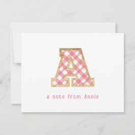 Rustic & Preppy "A" Pink Gingham on Wood Girly Mitteilungskarte