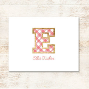 Rustic & Preppy "E" Pink Gingham on Wood Girly Mitteilungskarte