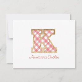 Rustic & Preppy "K" Pink Gingham on Wood Girly Mitteilungskarte