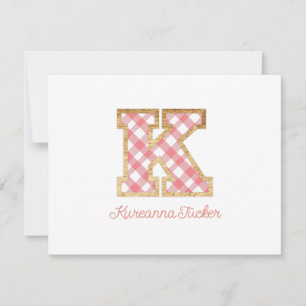 Rustic & Preppy "K" Pink Gingham on Wood Girly Mitteilungskarte