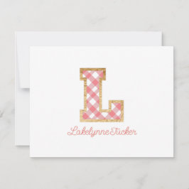 Rustic & Preppy "L" Pink Gingham on Wood Girly Mitteilungskarte