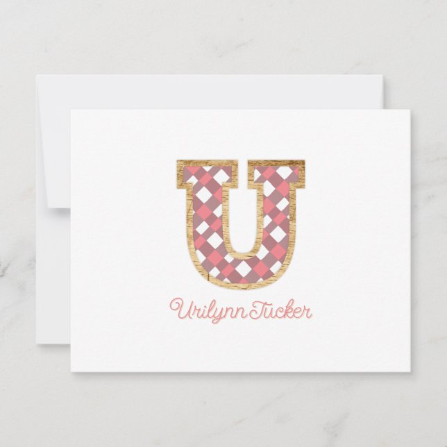 Rustic Preppy Monogram "U" Pink Gingham Wood Girly Mitteilungskarte (Vorderseite)