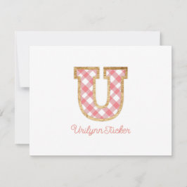 Rustic Preppy Monogram "U" Pink Gingham Wood Girly Mitteilungskarte
