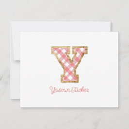 Rustic & Preppy "Y" Pink Gingham on Wood Girly Mitteilungskarte
