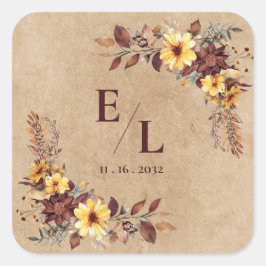 Rustic Pretty Autumn Fall Floral Monogram Wedding Quadratischer Aufkleber