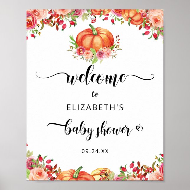 Rustic Pumpkin Fall Floral Baby Dusche Willkommen Poster (Vorne)