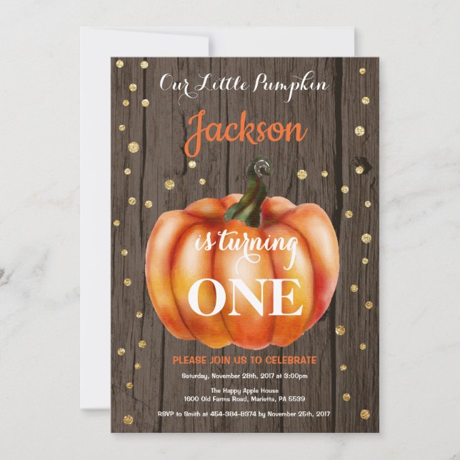 Rustic Pumpkin Fall Geburtstag Einladung Gold (Vorderseite)