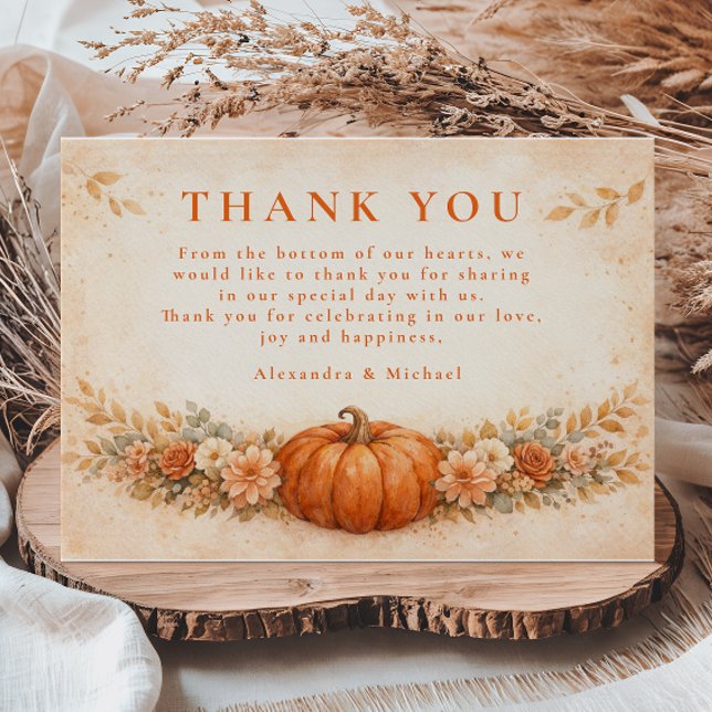 Rustic Pumpkin Floral Fall Wedding Dankeskarte (Von Creator hochgeladen)