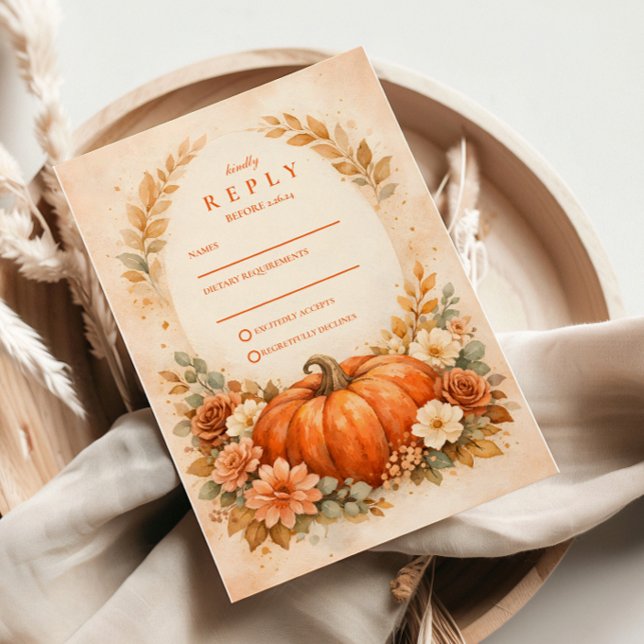 Rustic Pumpkin Floral Fall Wedding RSVP Karte (Von Creator hochgeladen)