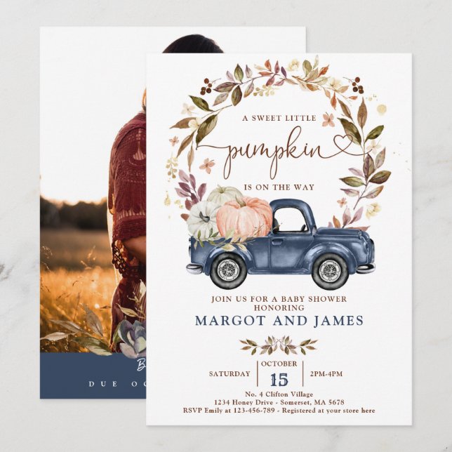 Rustic Pumpkin Lieferwagen Truck Navy Blue Baby Sh Einladung (Vorne/Hinten)