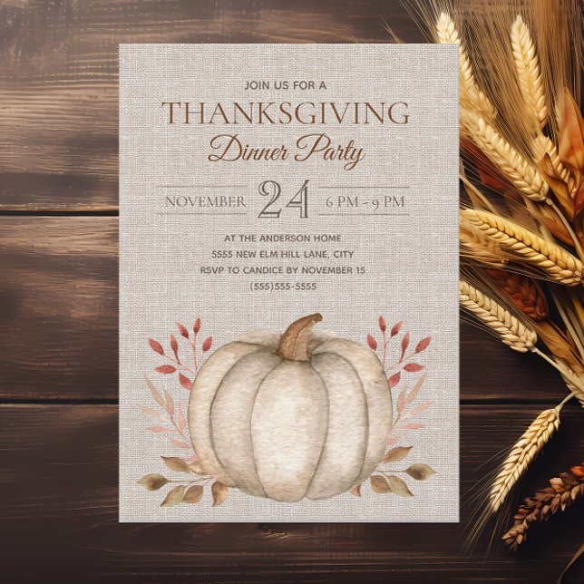 Rustic Pumpkin Linen Erntedank Dinner Party Einladung (Rustic white pumpkin on linen-like background Thanksgiving Dinner invitation)
