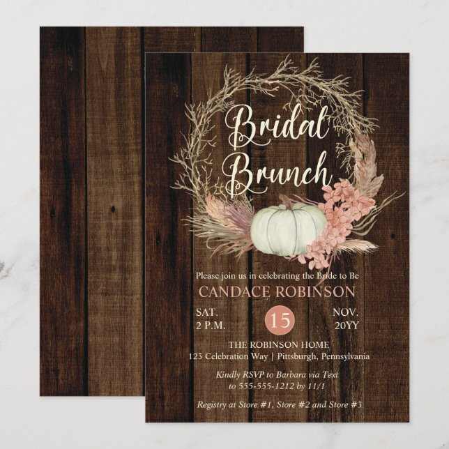 Rustic Pumpkin Pampas Wreath Bridal Brunch Dusche Einladung (Vorne/Hinten)