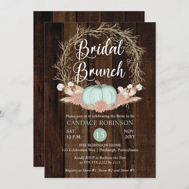 Rustic Pumpkin Pampas Wreath Bridal Brunch Einladu Einladung (Vorne/Hinten)