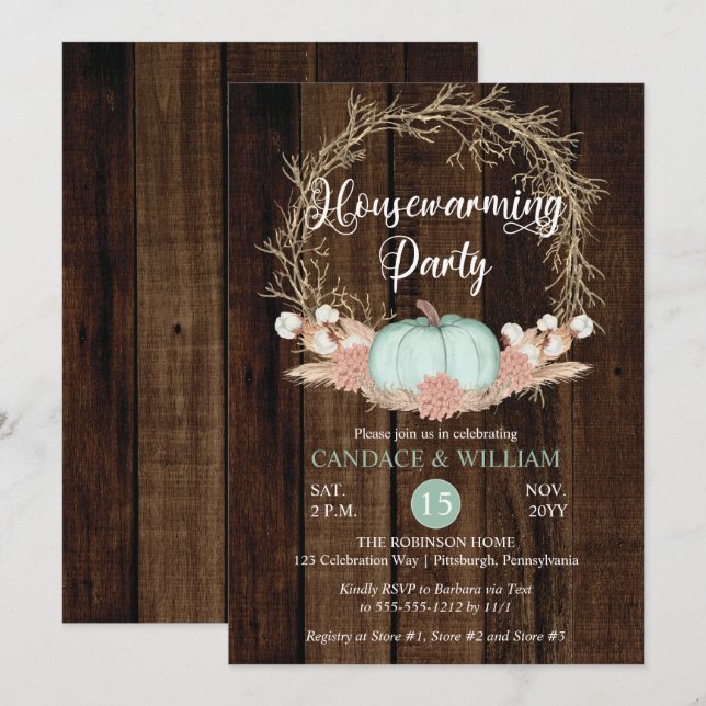 Rustic Pumpkin Pampas Wreath Housewarming Party Einladung (Vorne/Hinten)