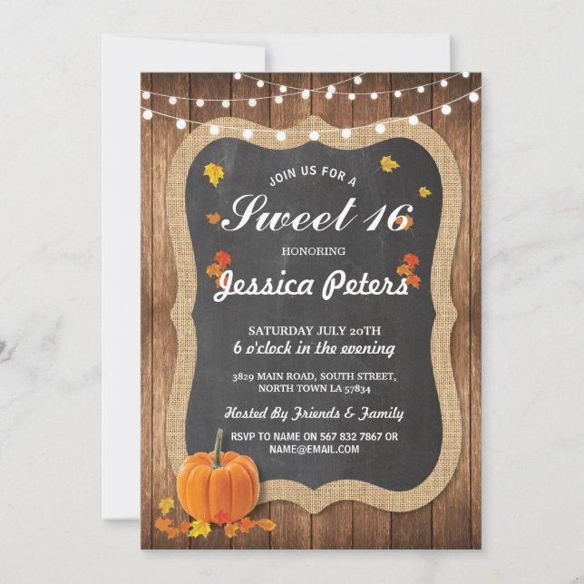 Rustic Pumpkin Sweet 16 Party Chalk Wood Einladung (Vorderseite)