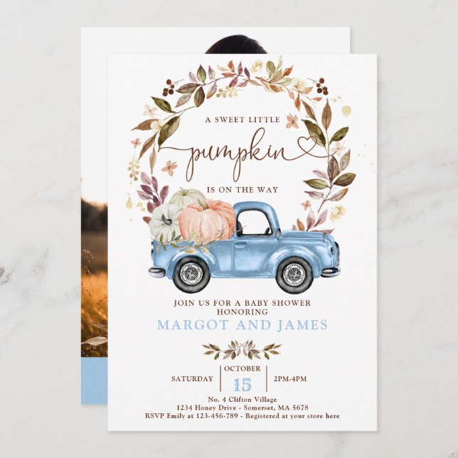 Rustic Pumpkin Truck Baby Blue Baby Dusche Einladung (Vorne/Hinten)