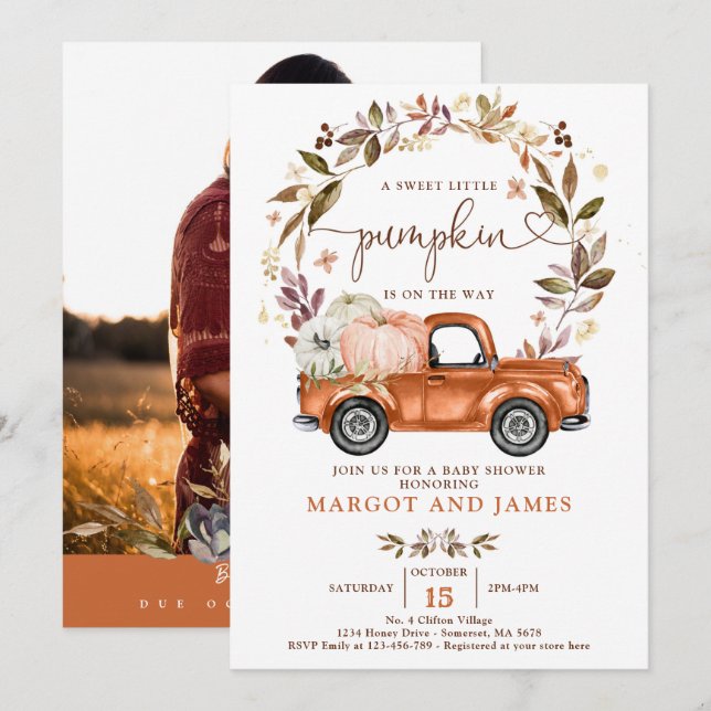 Rustic Pumpkin Truck Burnt Orange Babydusche Einladung (Vorne/Hinten)