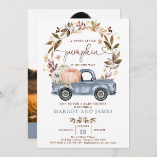 Rustic Pumpkin Truck Dusty Blue Baby Dusche Einladung