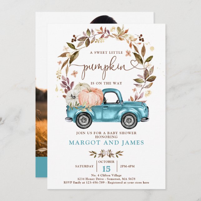 Rustic Pumpkin Truck Sapphire Blue Baby Dusche Einladung (Vorne/Hinten)