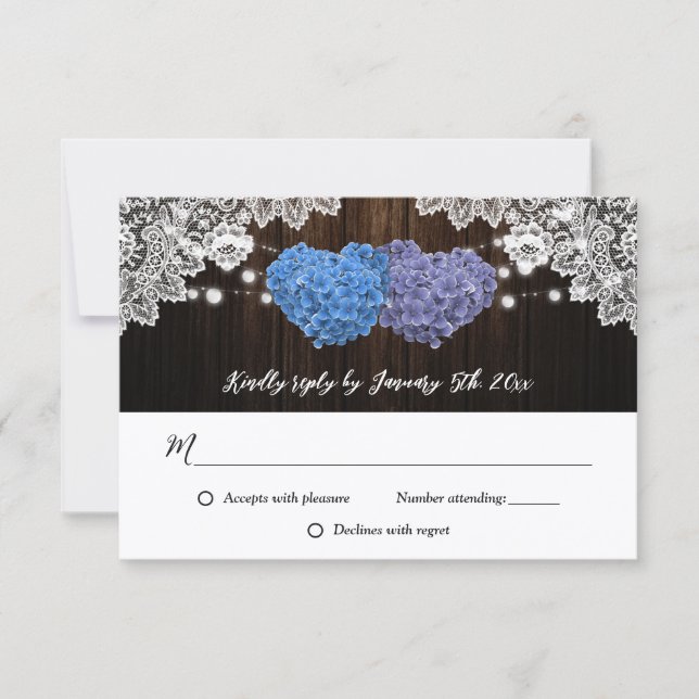 Rustic Purple and Blue Floral Wedding RSVP Karte (Vorderseite)