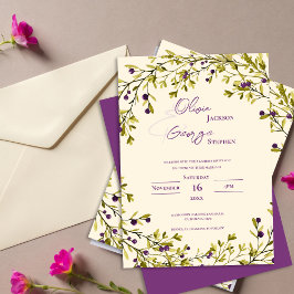 Rustic Purple Berry Leaves Romantic Wedding Einladung