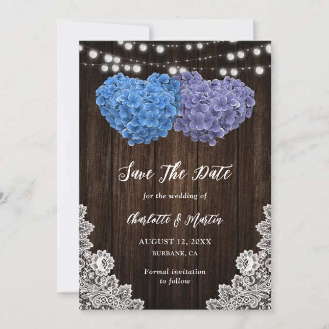 Rustic Purple Blue Floral Hearts Lace Wood Wedding Save The Date (Vorderseite)