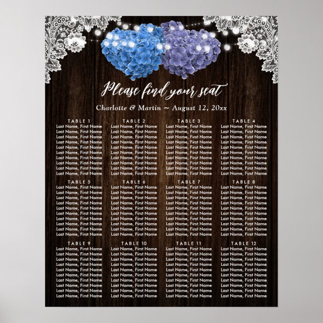 Rustic Purple Blue Floral Wedding Seating Chart 12 Poster (Vorne)