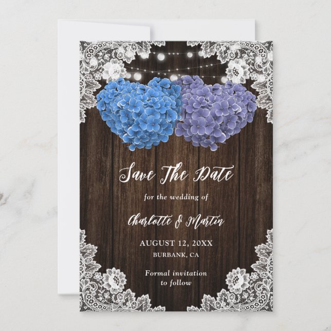 Rustic Purple Blue Hydrangea Rustic Wood Wedding Save The Date (Vorderseite)