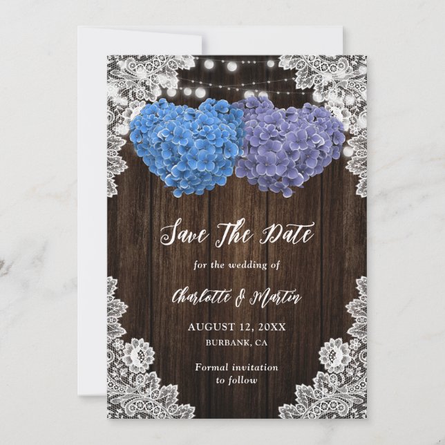Rustic Purple Blue Wood Lights Lace Floral Wedding Save The Date (Vorderseite)