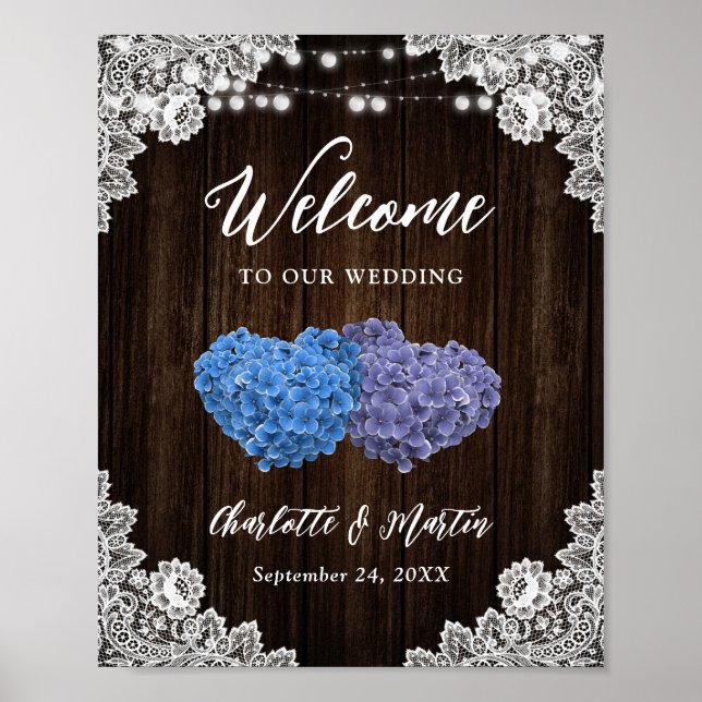 Rustic Purple Blue Wood Wedding Welcome Sign Poster (Vorne)