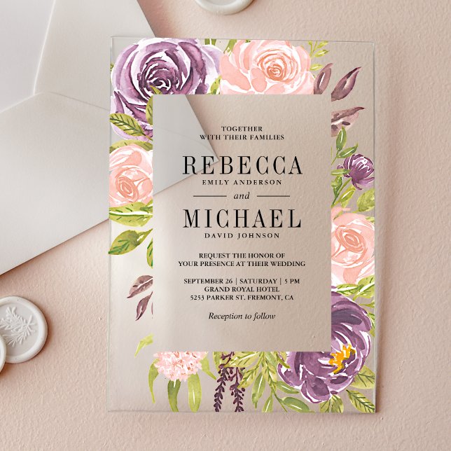 Rustic Purple Blush Pink Floral Wedding Acryleinladungen (Von Creator hochgeladen)