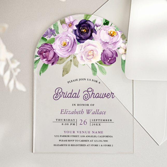 Rustic Purple Floral Bridal Shower Acryleinladungen (Von Creator hochgeladen)
