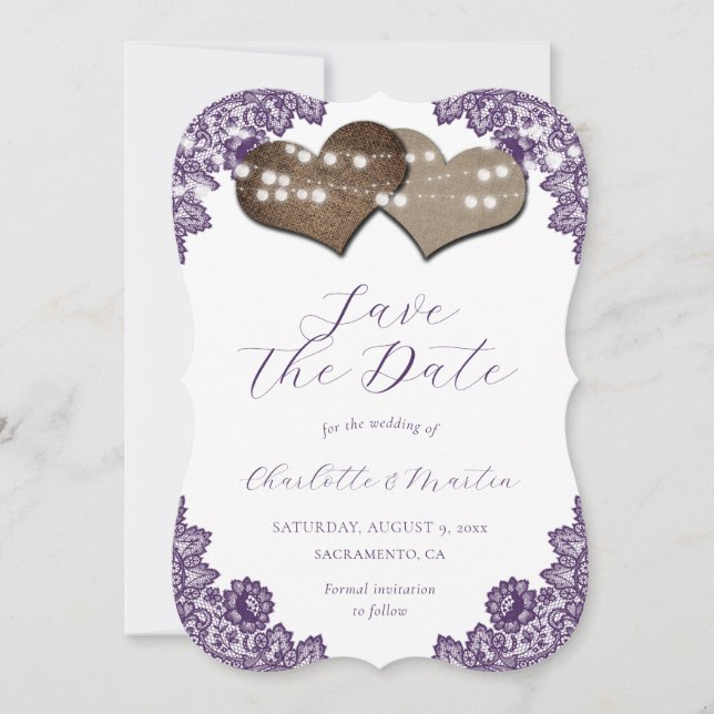 Rustic Purple Floral Lace Burlap Hearts Wedding Save The Date (Vorderseite)