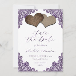 Rustic Purple Floral Lace Burlap Hearts Wedding Save The Date