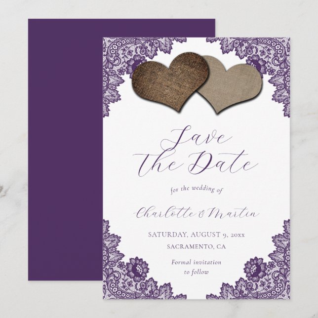 Rustic Purple Floral Lace Burlap Hearts Wedding Save The Date (Vorne/Hinten)