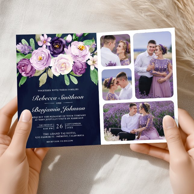 Rustic Purple Floral QR Code Navy Blue Wedding Einladung (Von Creator hochgeladen)